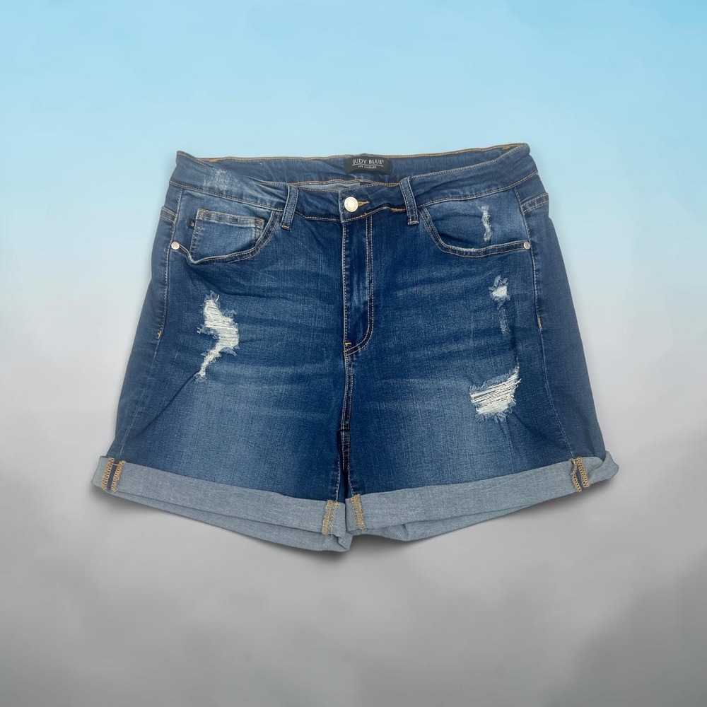 Judy Blue Mid Rise Stretch Jean Shorts 1X Distressed Rolled Hem Casual Curvy Fit